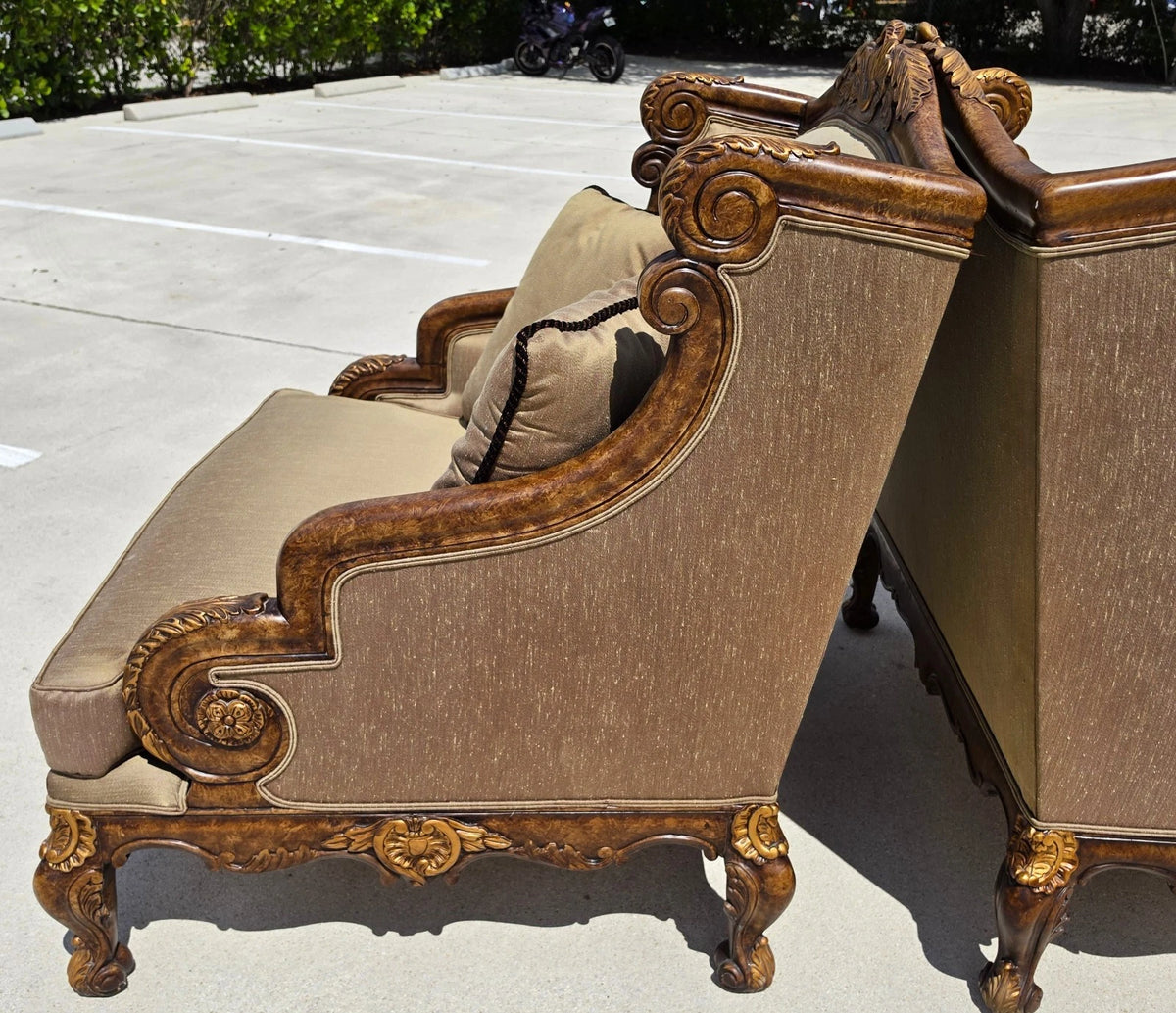 Marge Carson Style French Louis XV Ornate Caved Settees Loveseats Pair