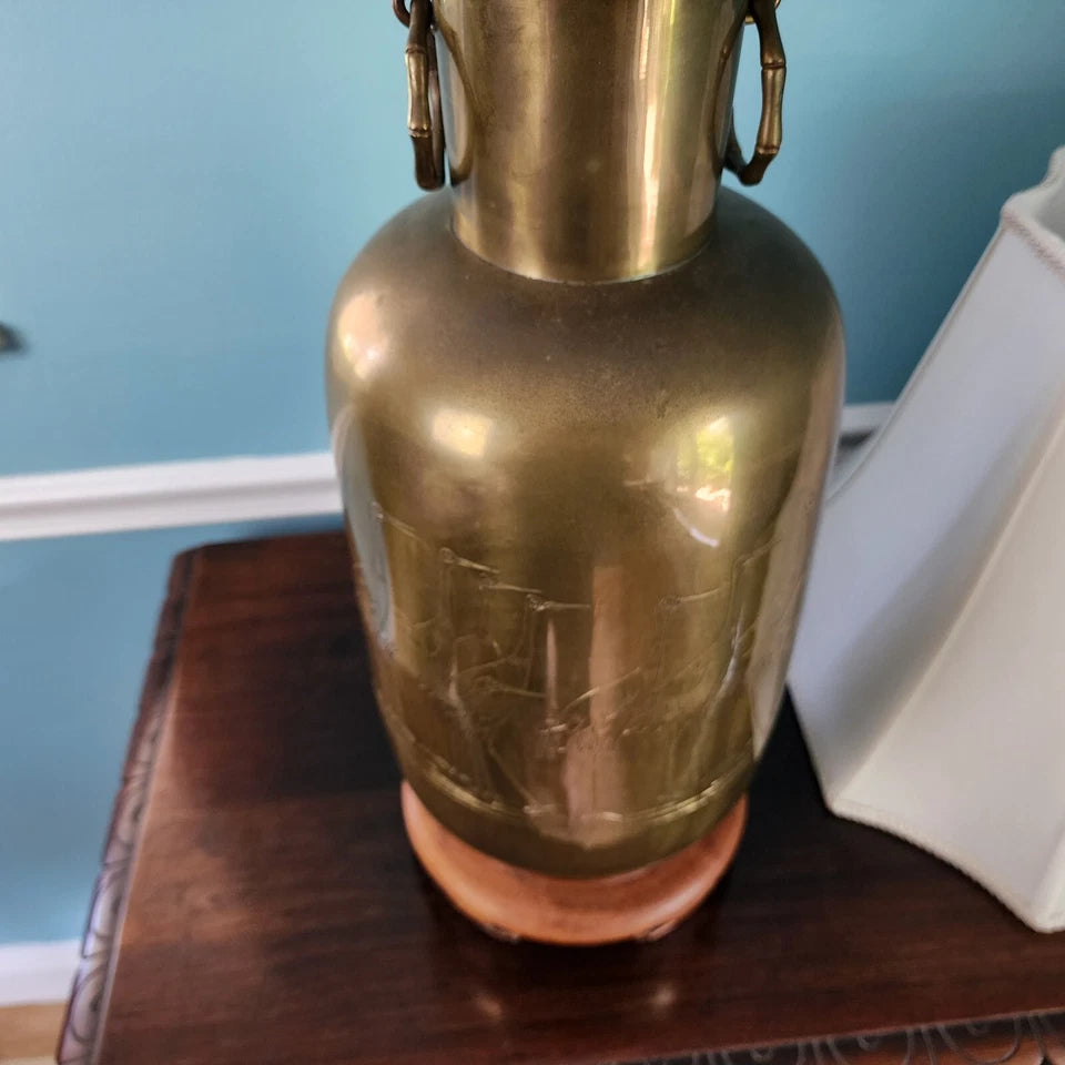 Vintage Asian Brass With Cranes Table Lamp