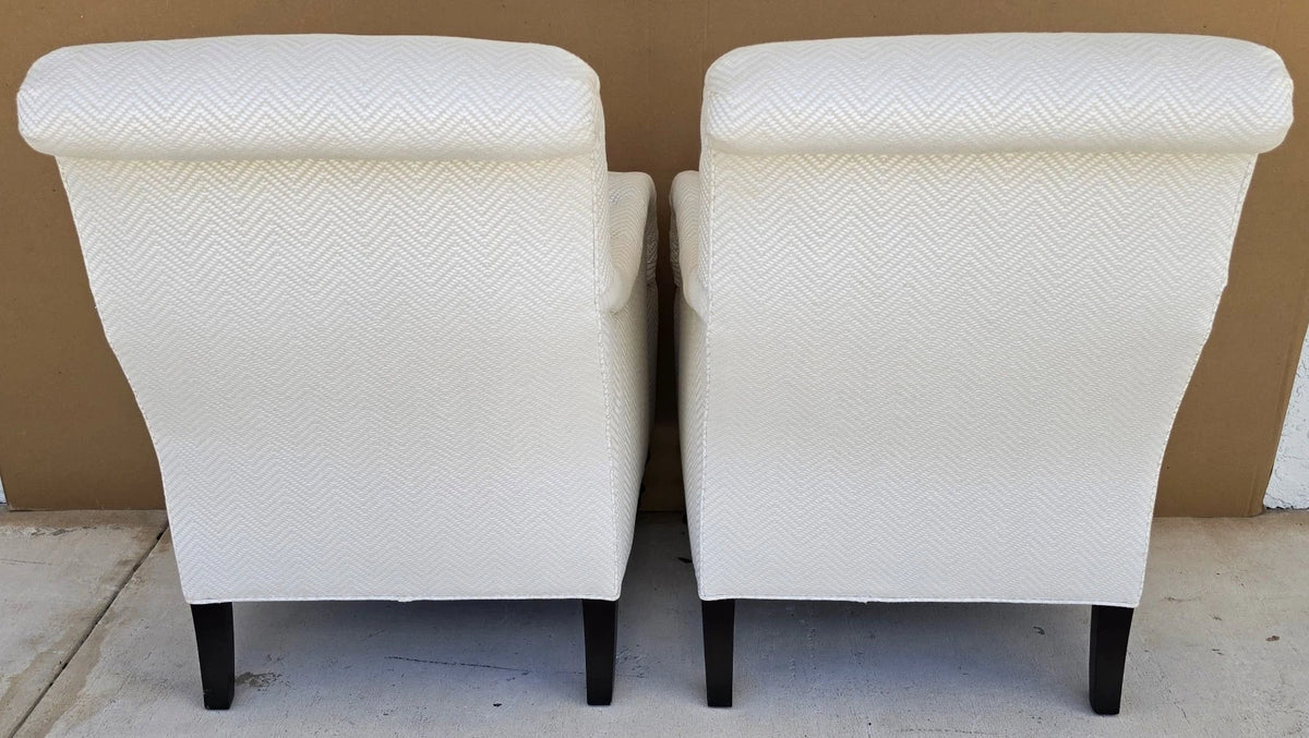 Pair Baker English Country Scroll Arm Lounge Chairs Tufted Herringbone Casters