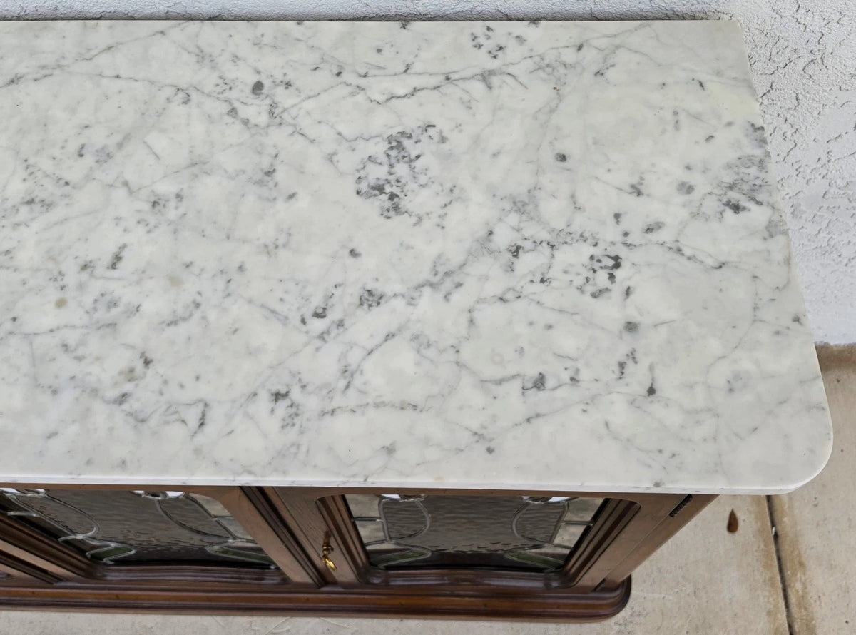 Drexel Et Cetera Art Nouveau Leaded Glass Marble Top Buffet Sideboard Dry Bar