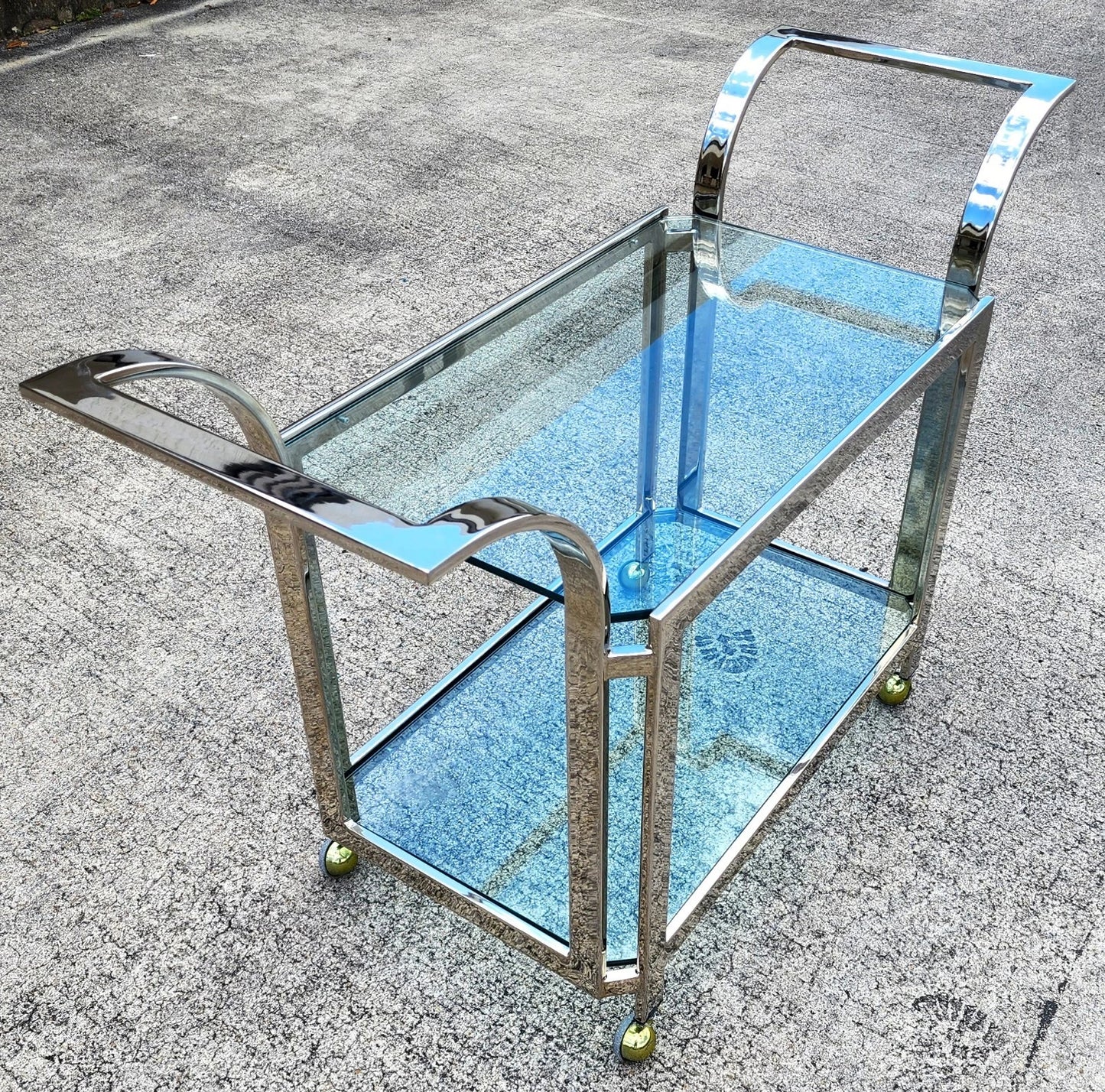 MCM Milo Baughman Style Chrome Bar Serving Cart 1970s