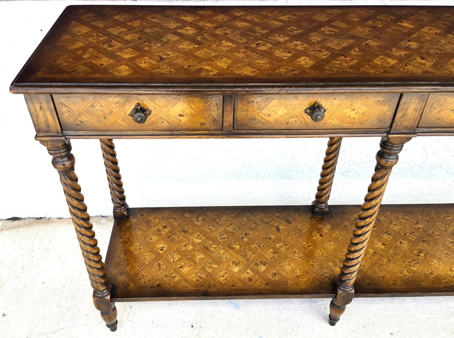 Theodore Alexander Burl Parquetry Console Table with 4 Drawers
