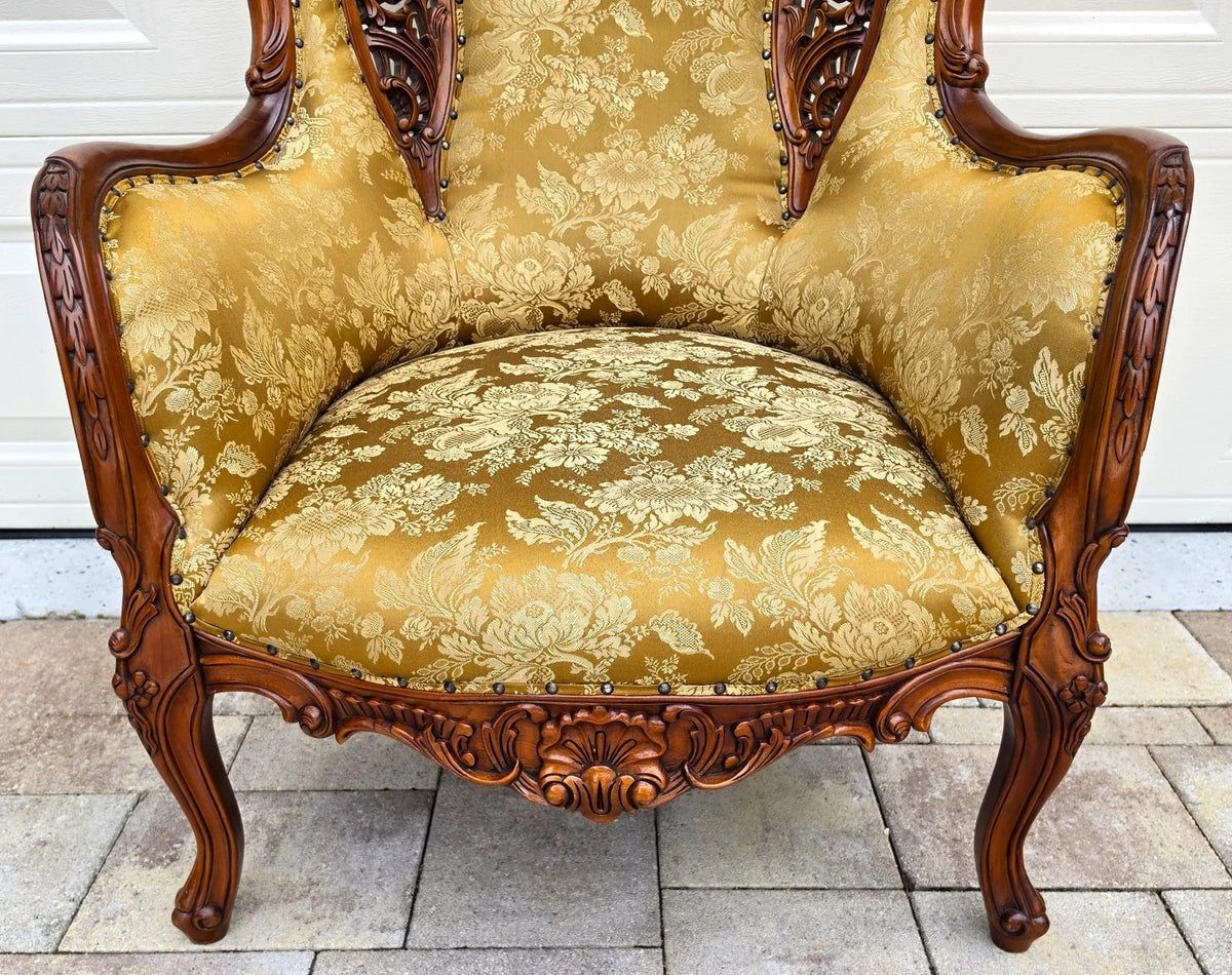 Victorian Rococo Revival Carved Bird Crest Music Room Wingback Armchair