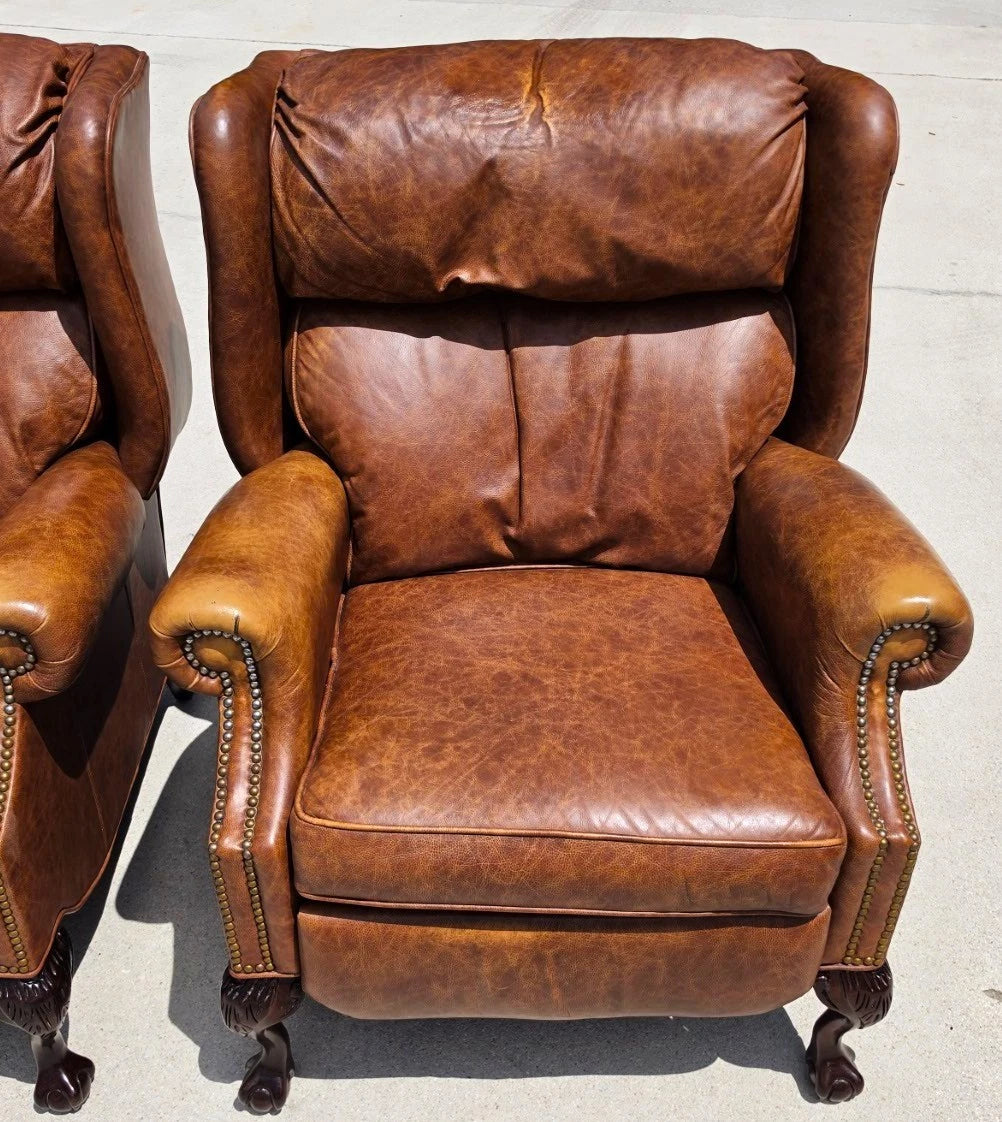 Vintage MOTIONCRAFT Chippendale Leather Wingback Recliners Ball & Claw Pair