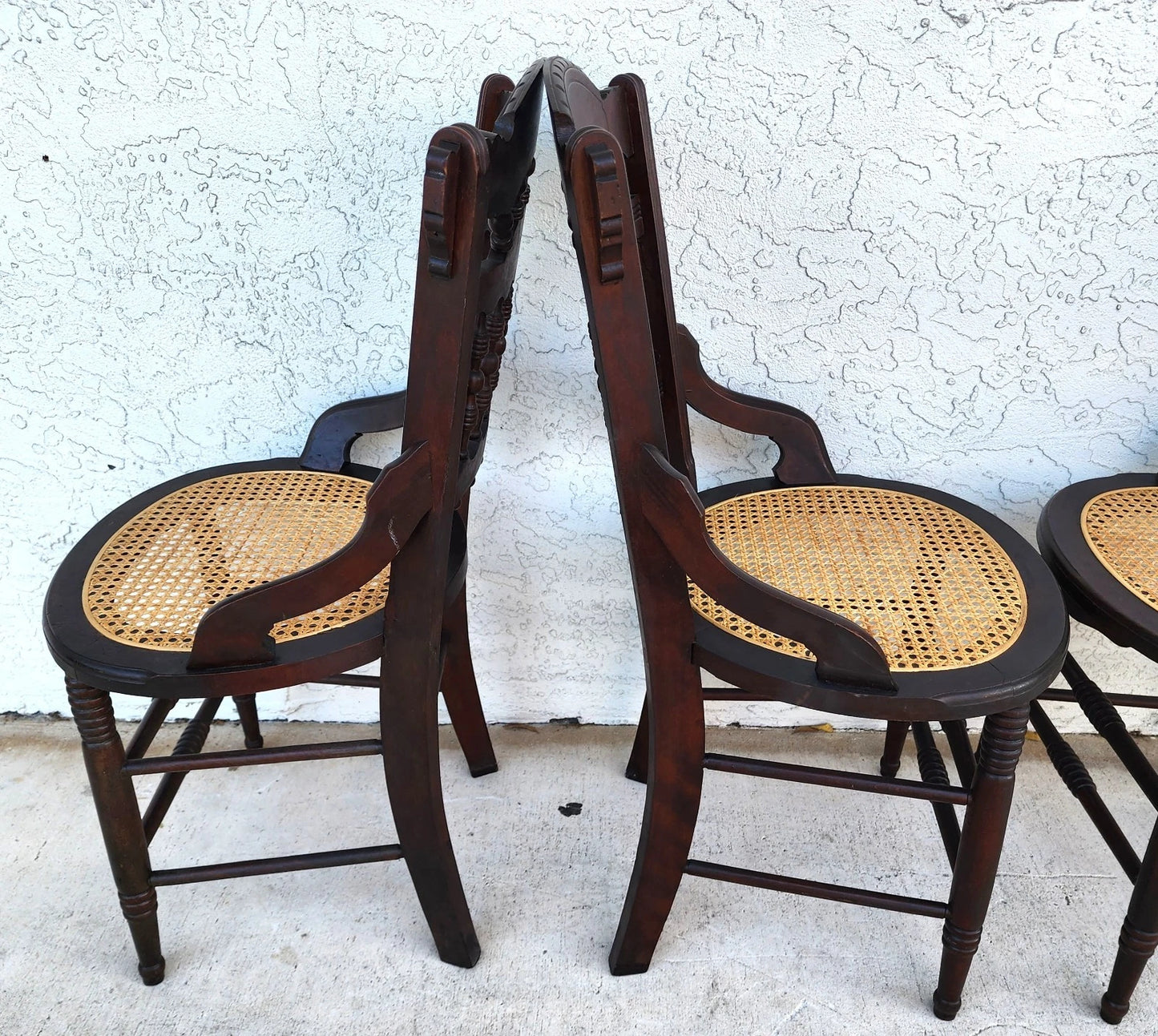 Antique Eastlake Victorian Style Walnut Cane Seat Side Dining Chairs Set of 4