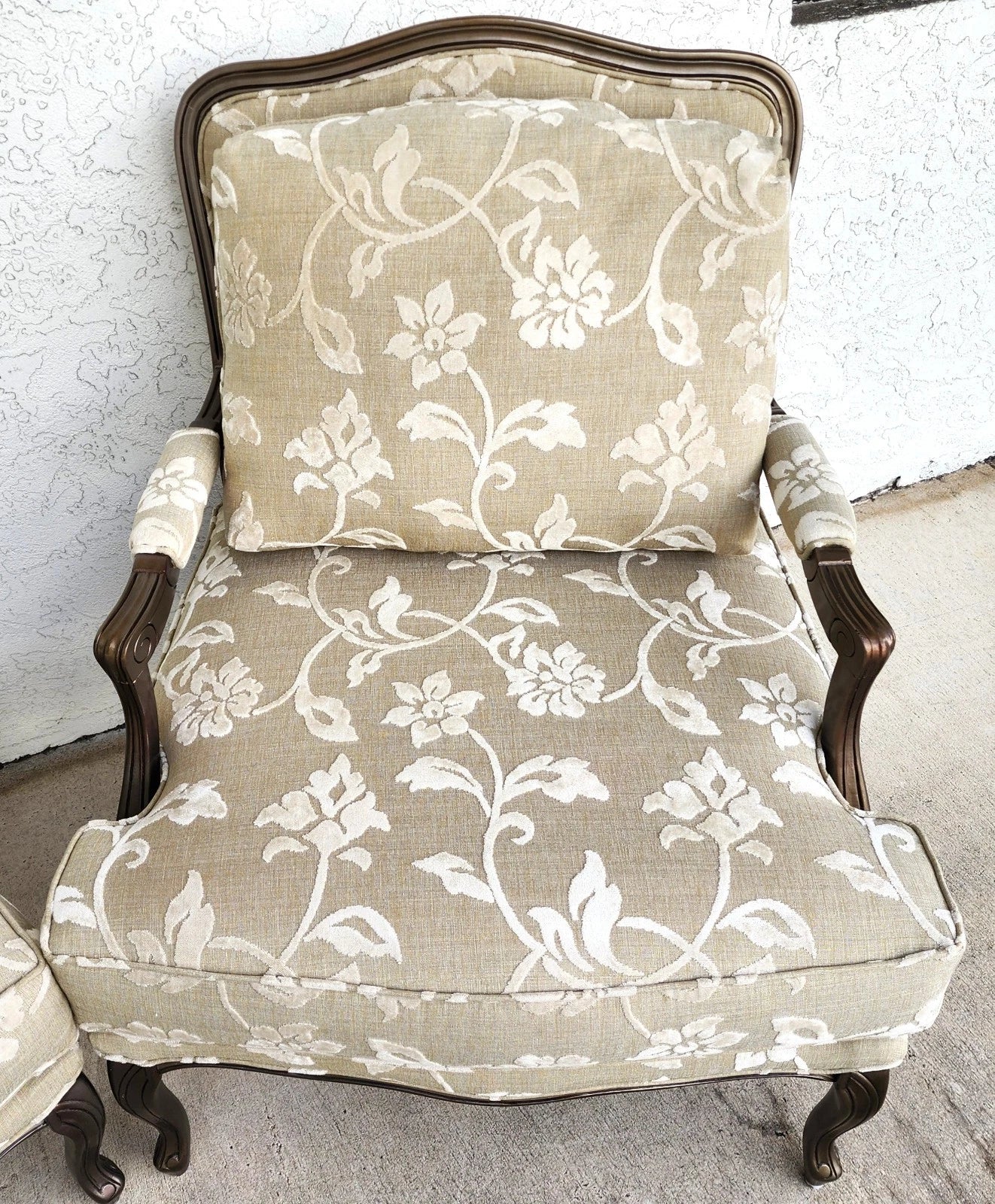 Vintage French Louis XV Armchairs Damask Linen Pair