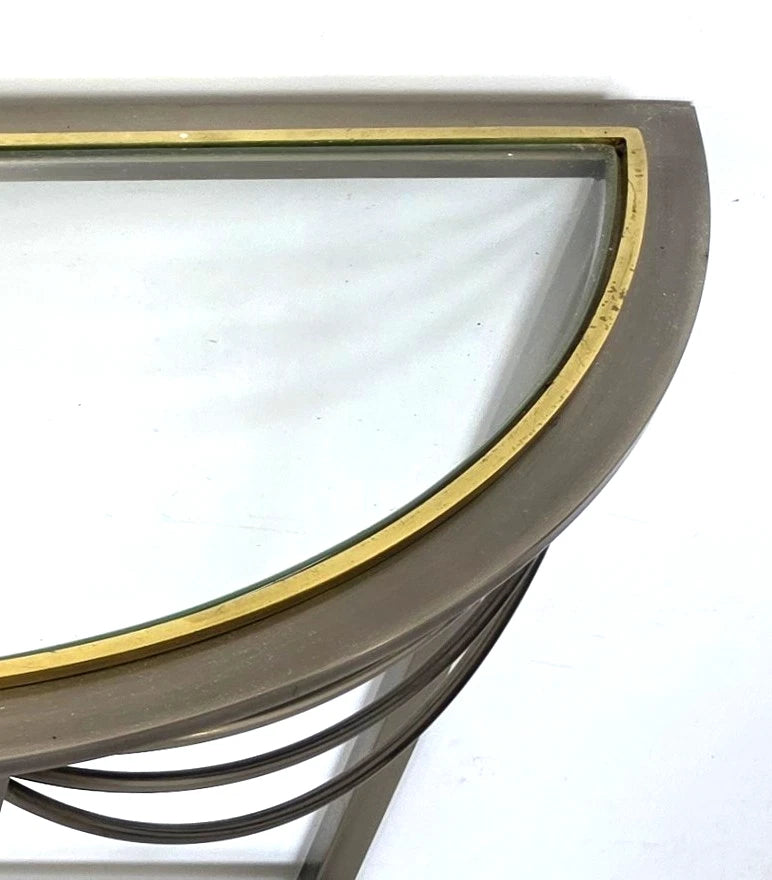 Vintage Hollywood Regency Demilune Chrome & Brass Console Table