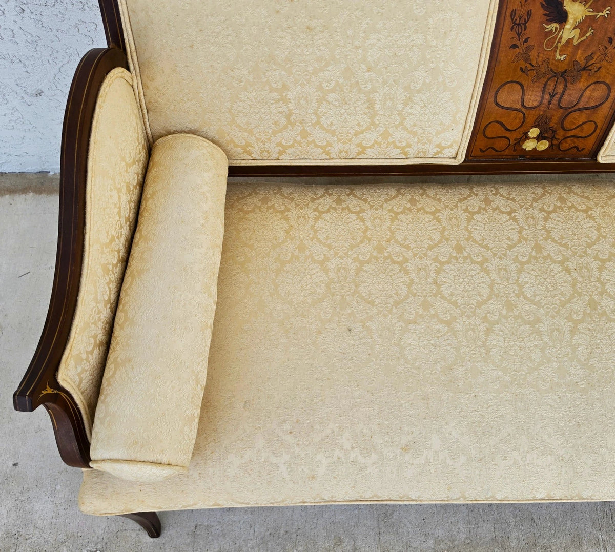 Antique Edwardian Inlaid Mythical Griffin Mahogany Double-Chair-Back Settee