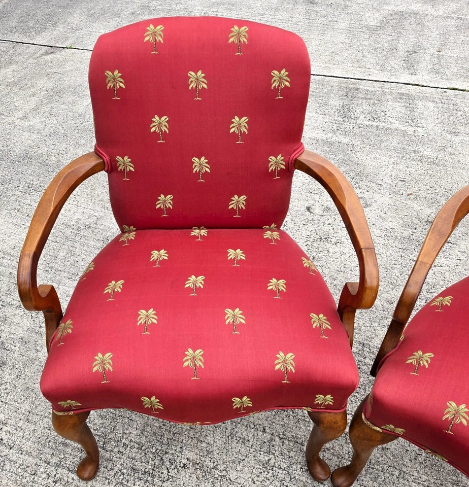 Vintage Queen Anne Gooseneck Armchairs with Palm Tree Upholstery Pair