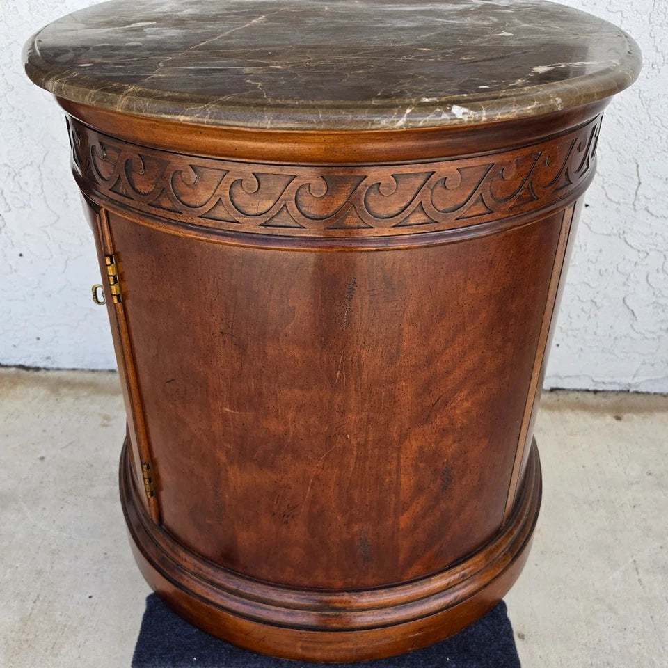 Henredon Style Mahogany & Marble Drum Center Side Bedside Table
