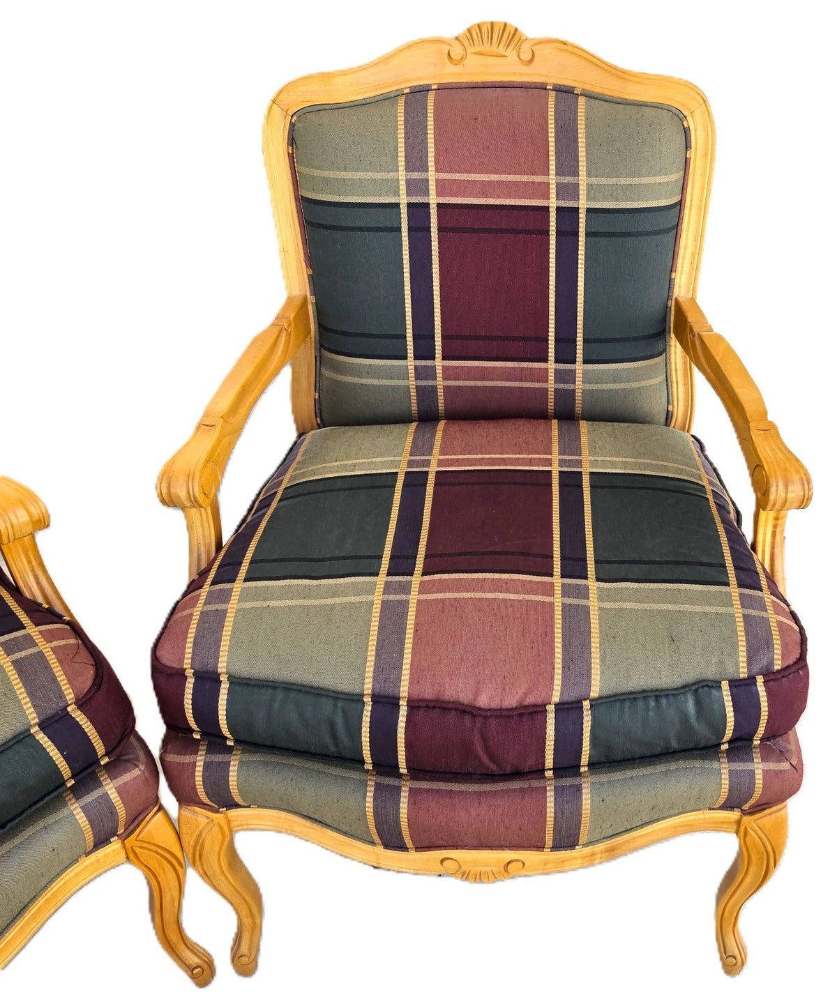 Vintage Louis XV French Provincial Armchairs Plaid Tartan Fauteuil Cabriole Legs
