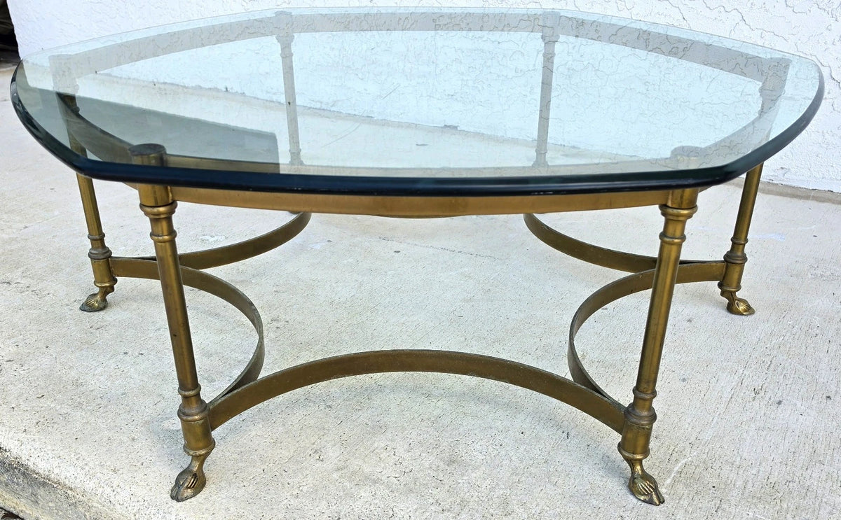 Vintage LaBarge Hexagonal Brass Hoof Footed Glass Top Coffee Table