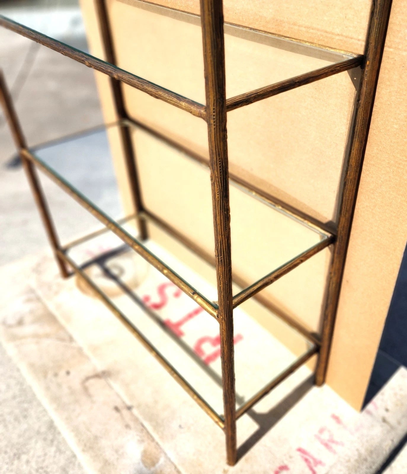 Gilt Iron & Glass Faux Bois Étagère Bookcase Shelf Mid Century