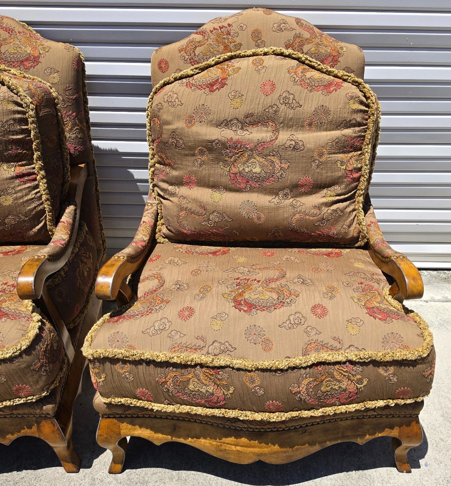 Classics French Louis XV Bergère Armchairs Chinoiserie Fabric Down Cushions
