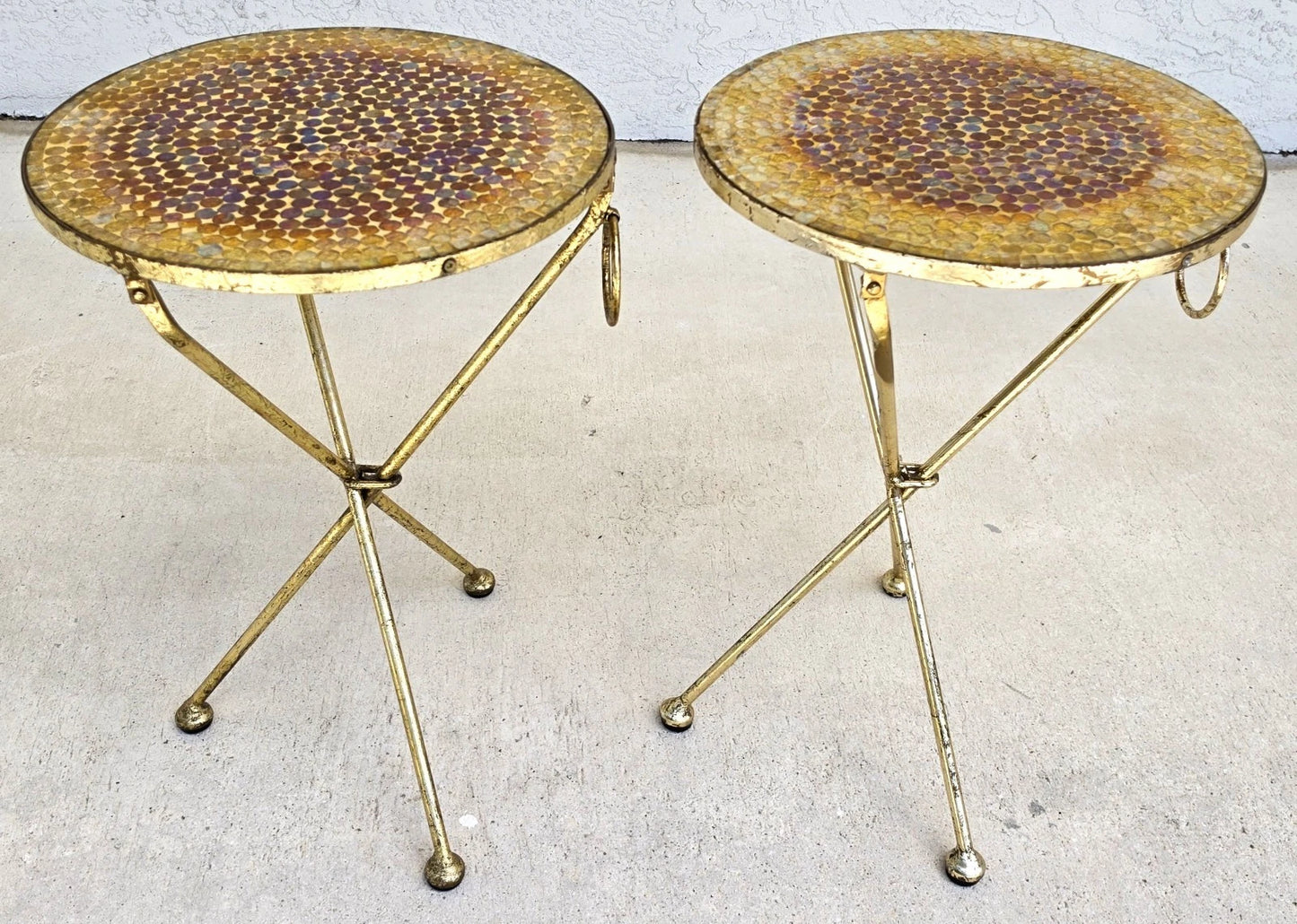 Italian Gold Gilt Folding Mosaic Side Drink Tables 1960s Pair