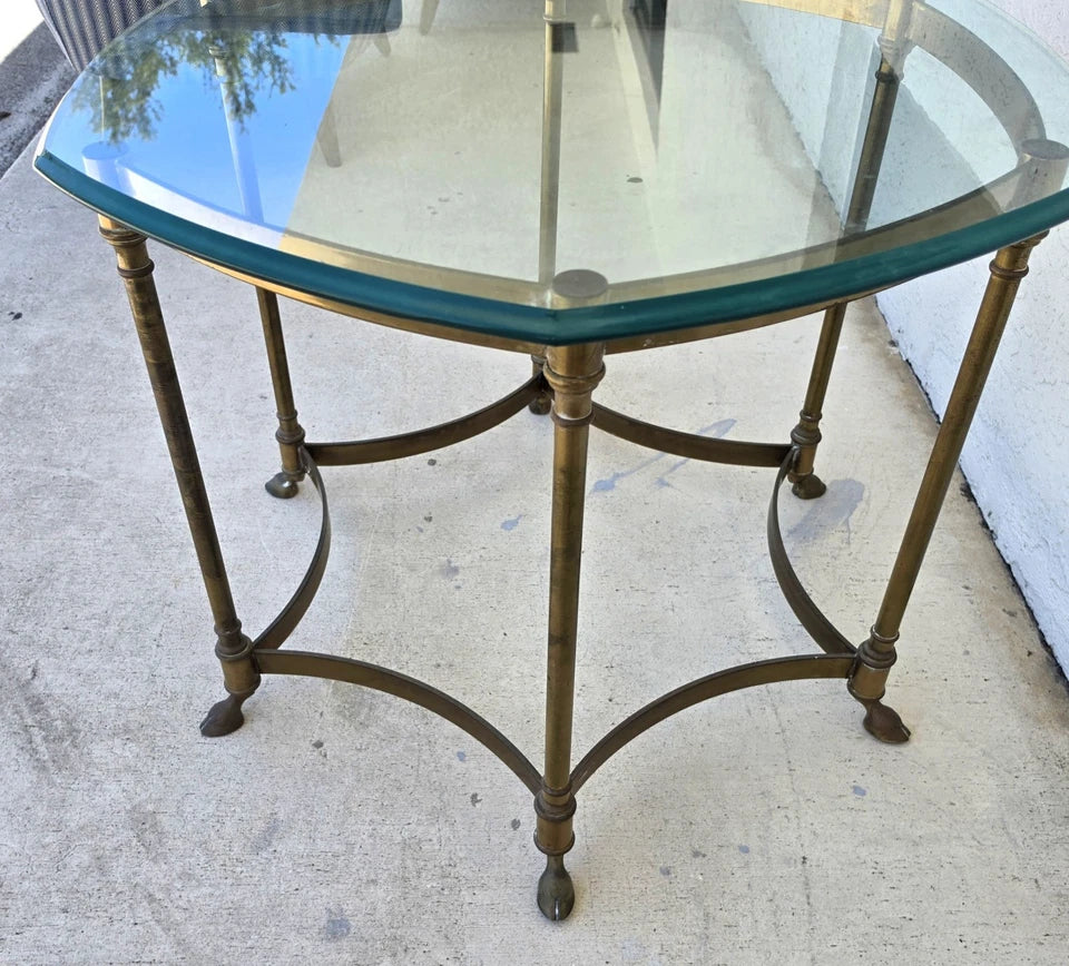 Vintage Labarge Side Table Brass Glass Hoof Footed Octagonal