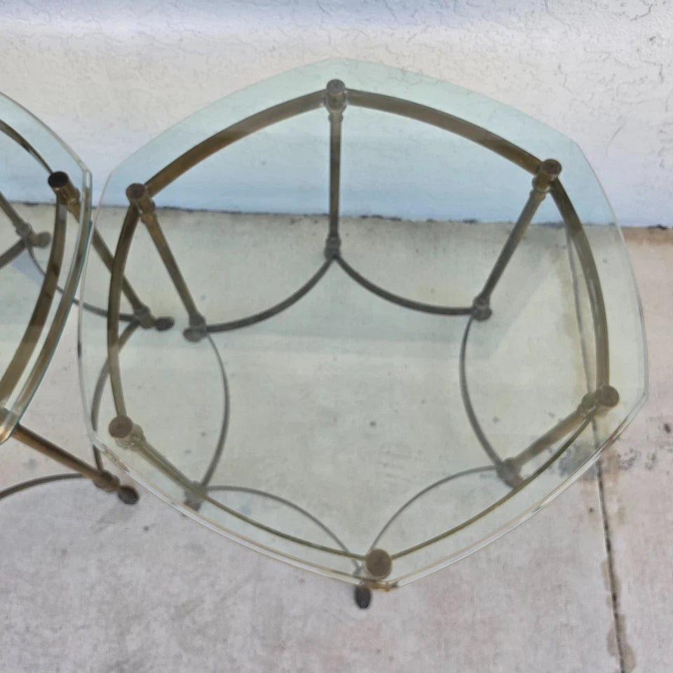 Vintage Labarge Side Tables Brass Glass Hoof Footed Octagonal Pair