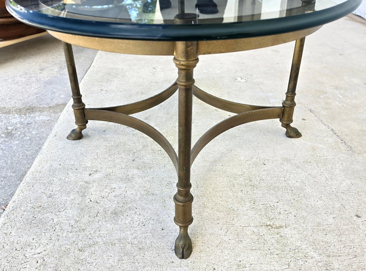 Vintage LaBarge Oval Brass Hoof Footed Glass Top Coffee Table Neoclassical