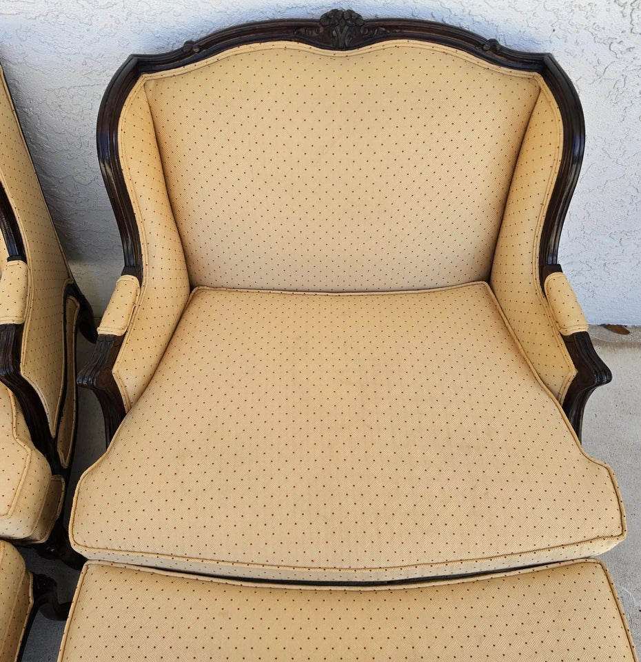Pierre Deux Style French Country Provincial Bergere Lounge Chairs & Ottoman Pair