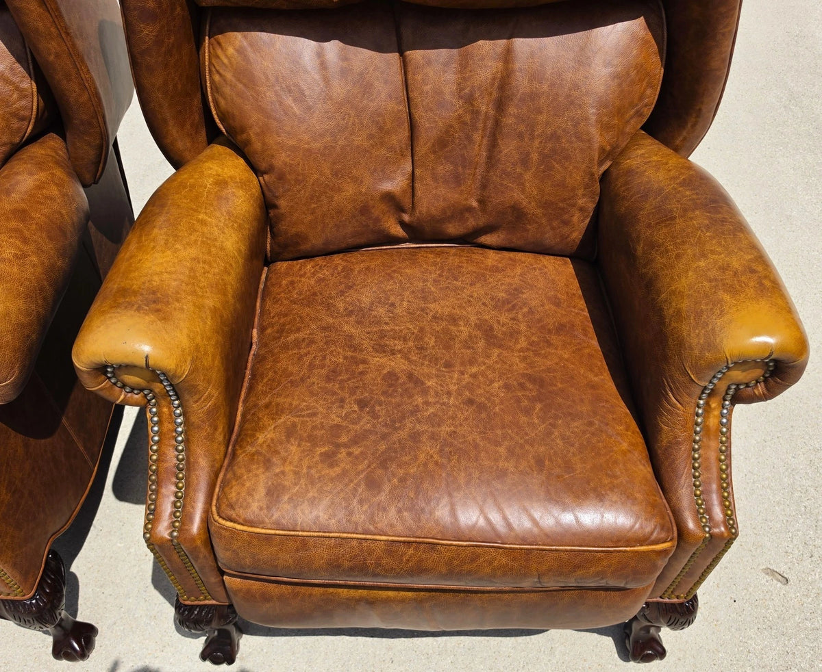 Vintage MOTIONCRAFT Chippendale Leather Wingback Recliners Ball & Claw Pair