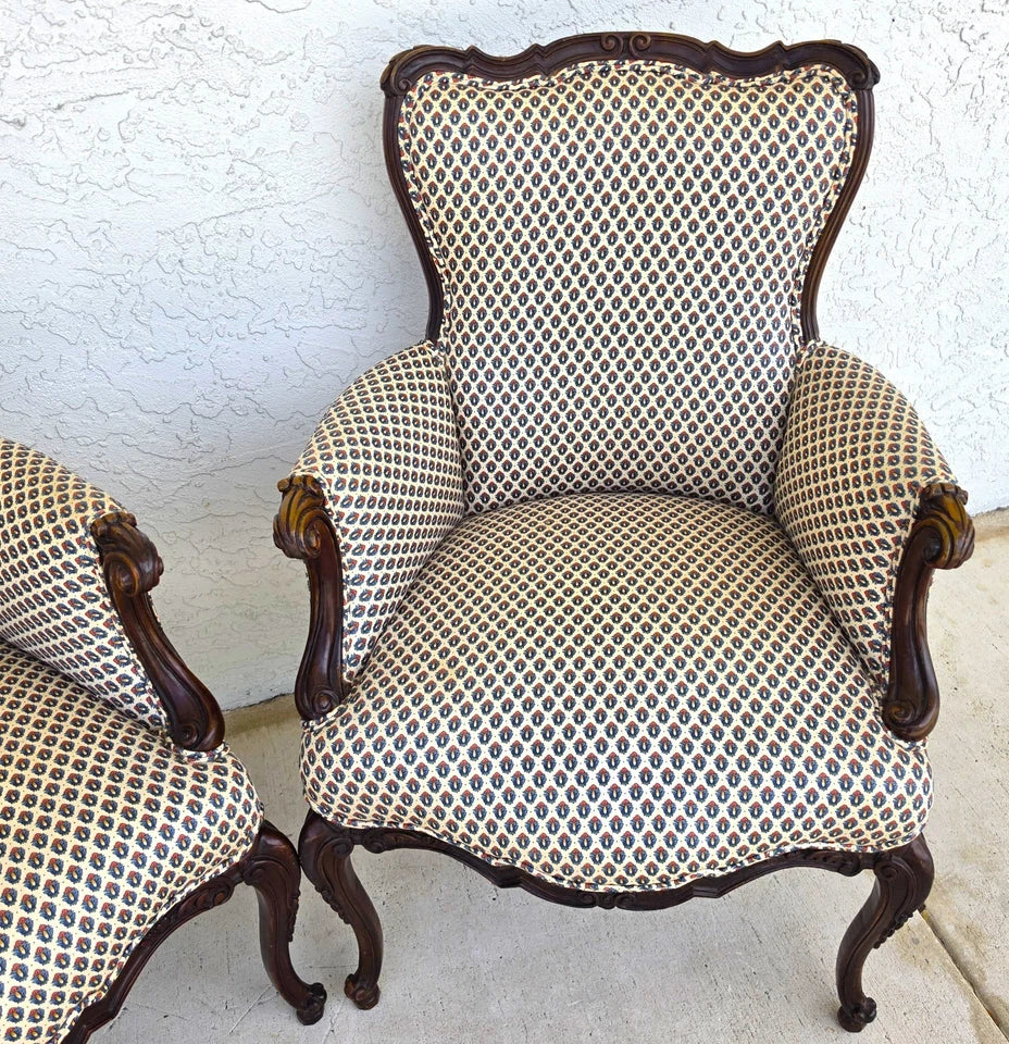 Pair of Antique French Provincial Louis XV Walnut Bergere Armchairs