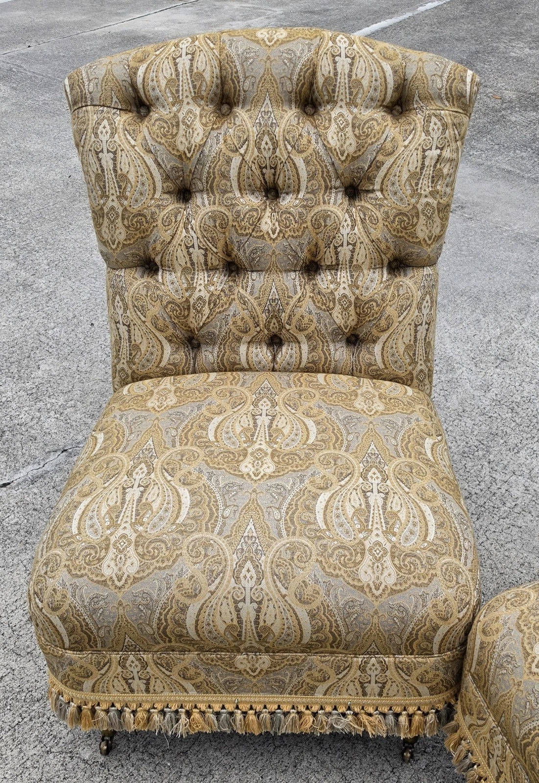 Vintage Hollywood Regency French Tufted Designer Slipper Lounge Chairs Pair