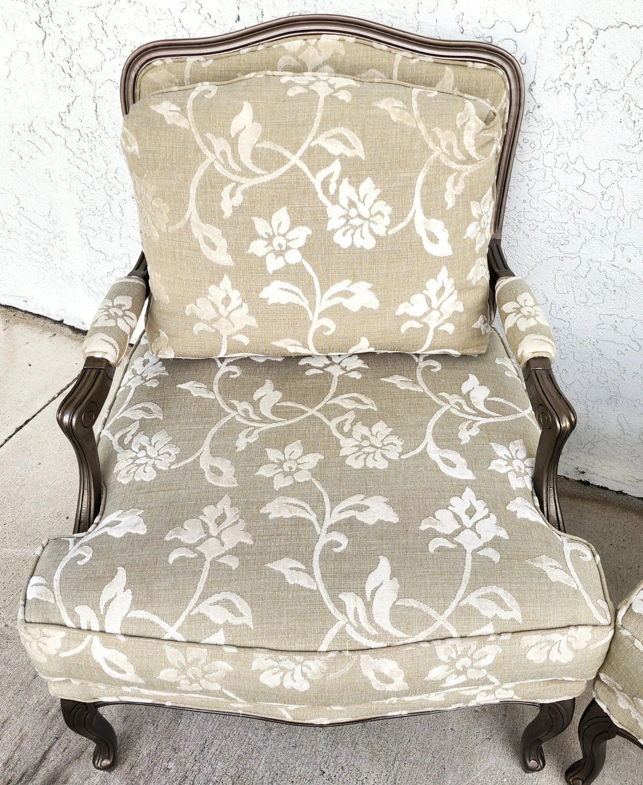 Vintage French Louis XV Armchairs Damask Linen Pair