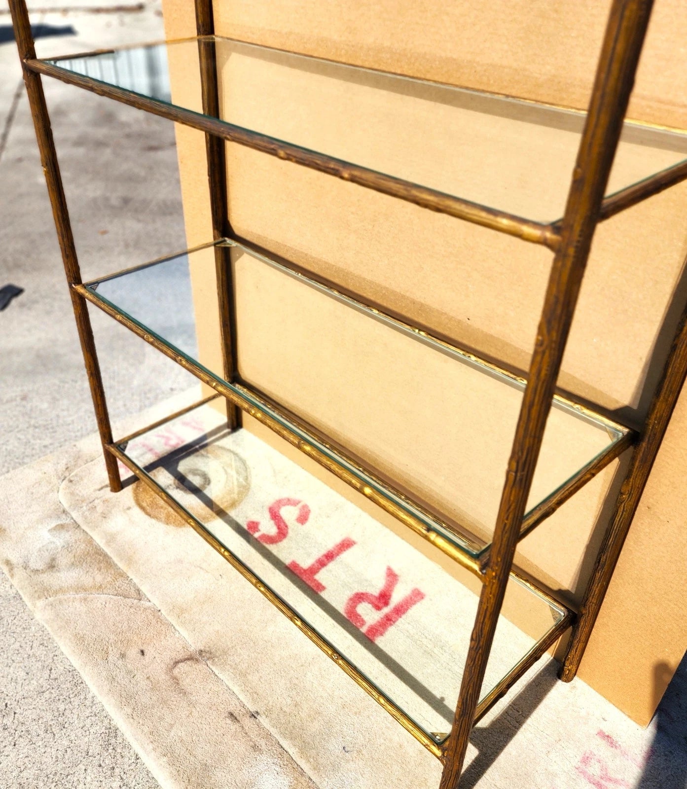 Gilt Iron & Glass Faux Bois Étagère Bookcase Shelf Mid Century