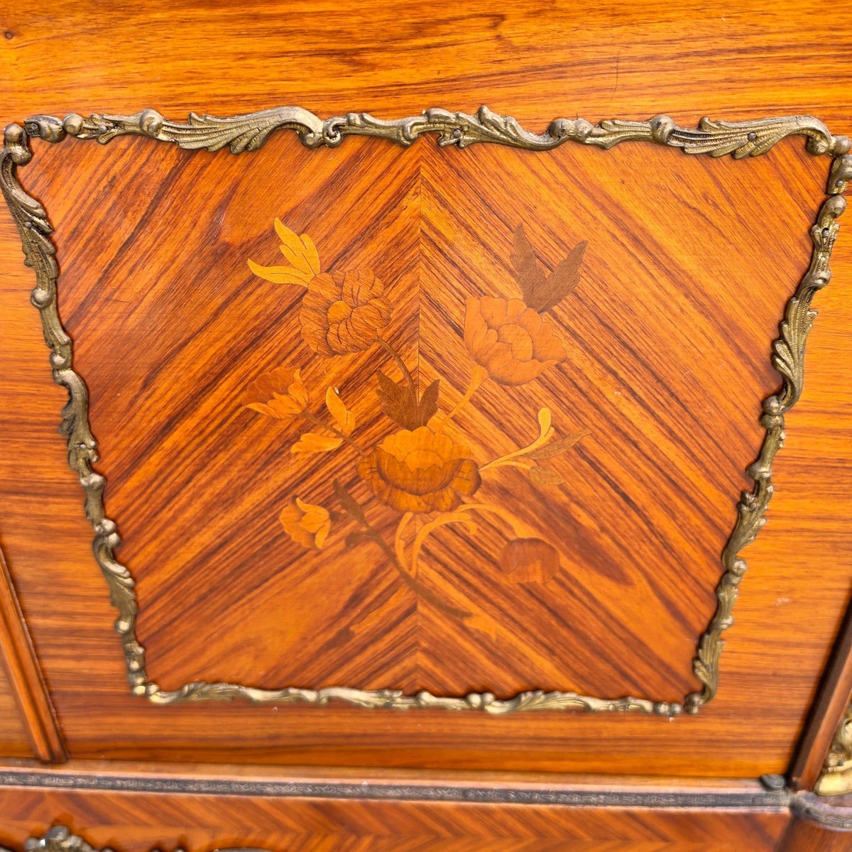 French Louis XV Marquetry Display Cabinet Figural Mounts Porcelain Medallions