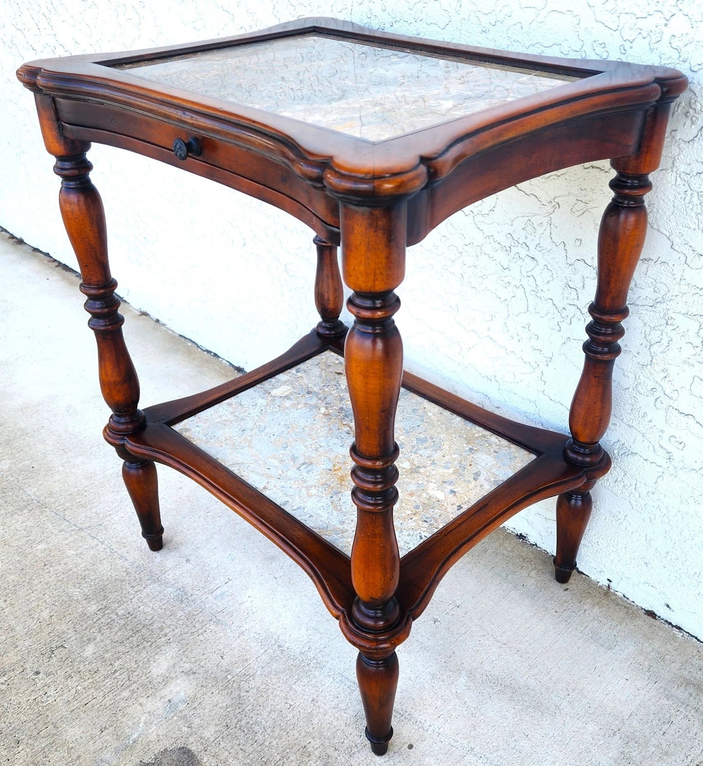 Theodore Alexander 2 Tier Mahogany & Marble Side Lamp Table With Pullout Top
