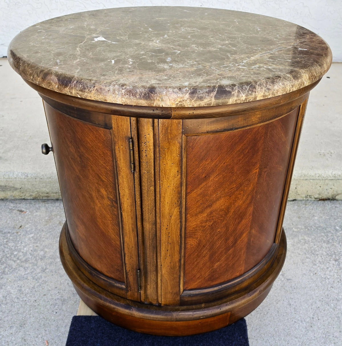 Vintage Round Brown Marble Top Drum Side Center Table With Storage Cabinet