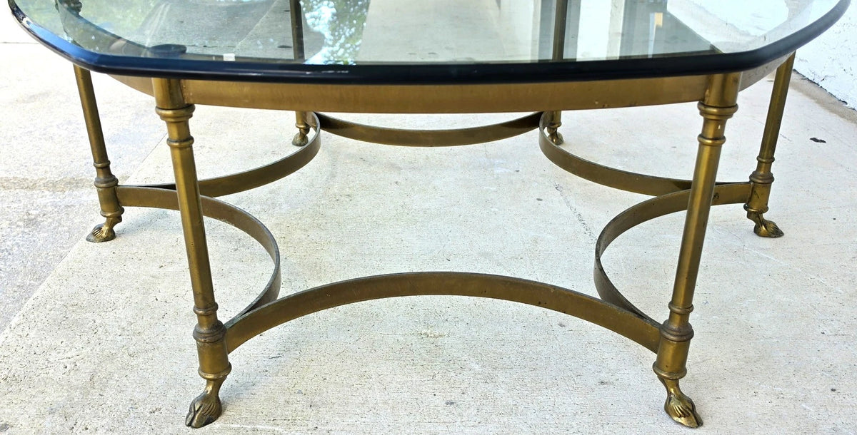Vintage LaBarge Hexagonal Brass Hoof Footed Glass Top Coffee Table