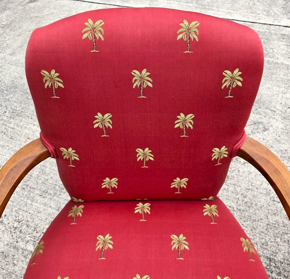 Vintage Queen Anne Gooseneck Armchairs with Palm Tree Upholstery Pair