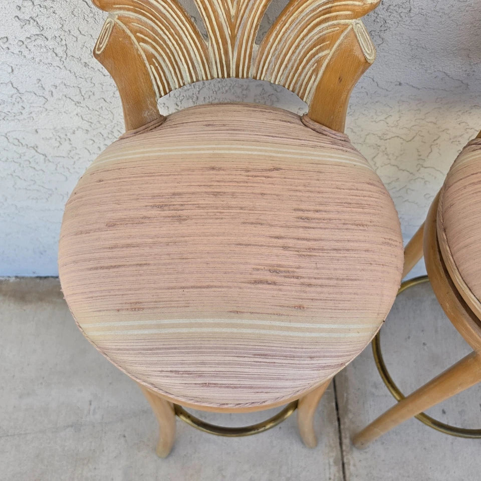 Vintage Venetian Grotto Style Carved Wood Palm Leaf Barstools Set of 2