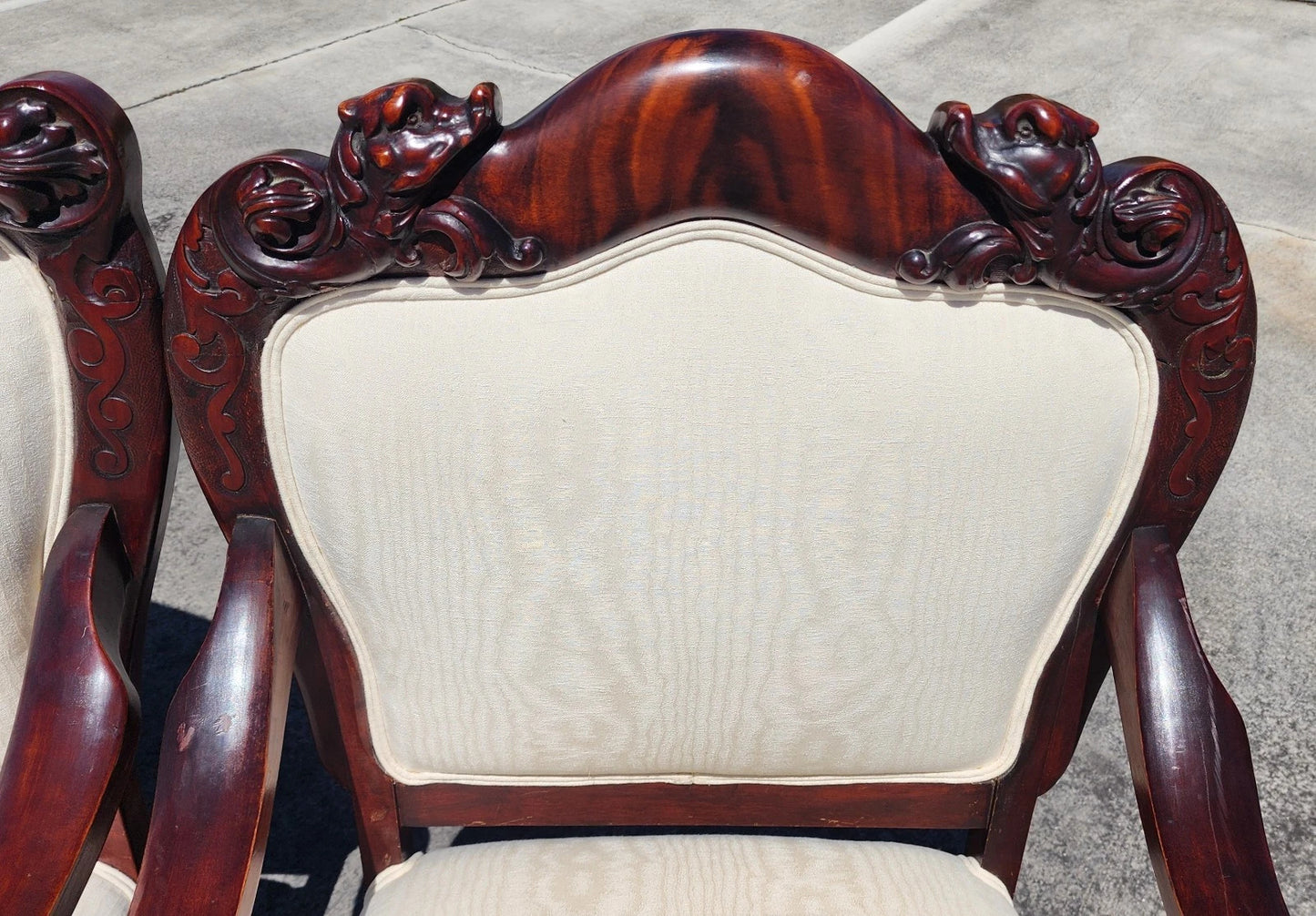 Antique Asian Rosewood Carved Foo Dogs Living Room Suite 3 Piece Sette 2 Chairs