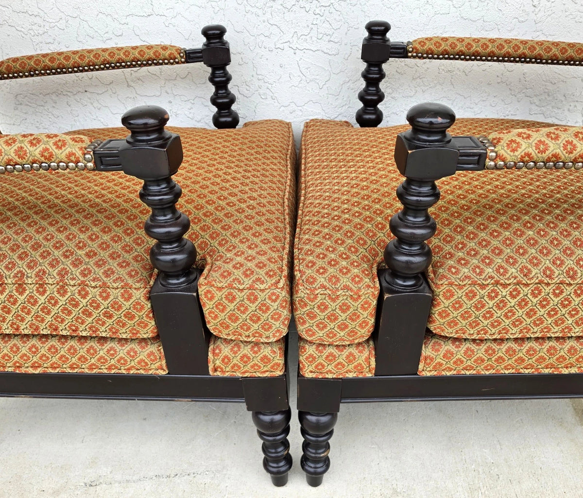 Jacobean Louis XIII Style Bobbin Turned Lounge Armchairs Ebonized Nailhead Pair