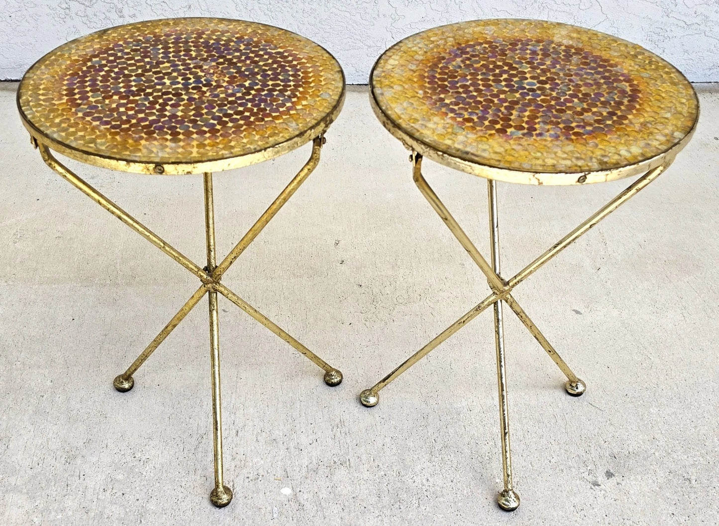 Italian Gold Gilt Folding Mosaic Side Drink Tables 1960s Pair