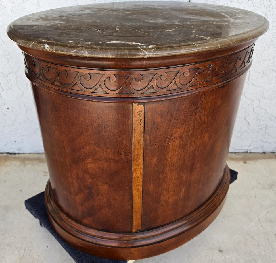 Henredon Style Mahogany & Marble Drum Center Side Bedside Table