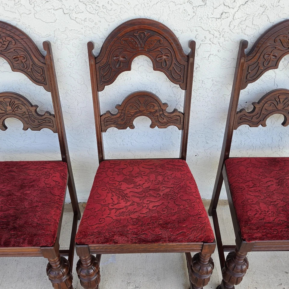 Antique English Oak Tudor Jacobean Dining Chairs 1930's Set of 4