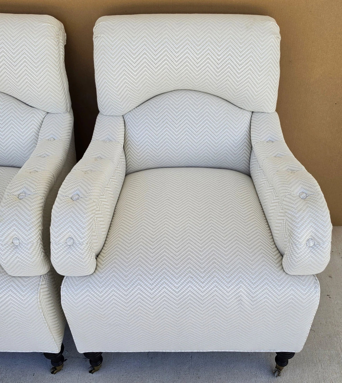Pair Baker English Country Scroll Arm Lounge Chairs Tufted Herringbone Casters
