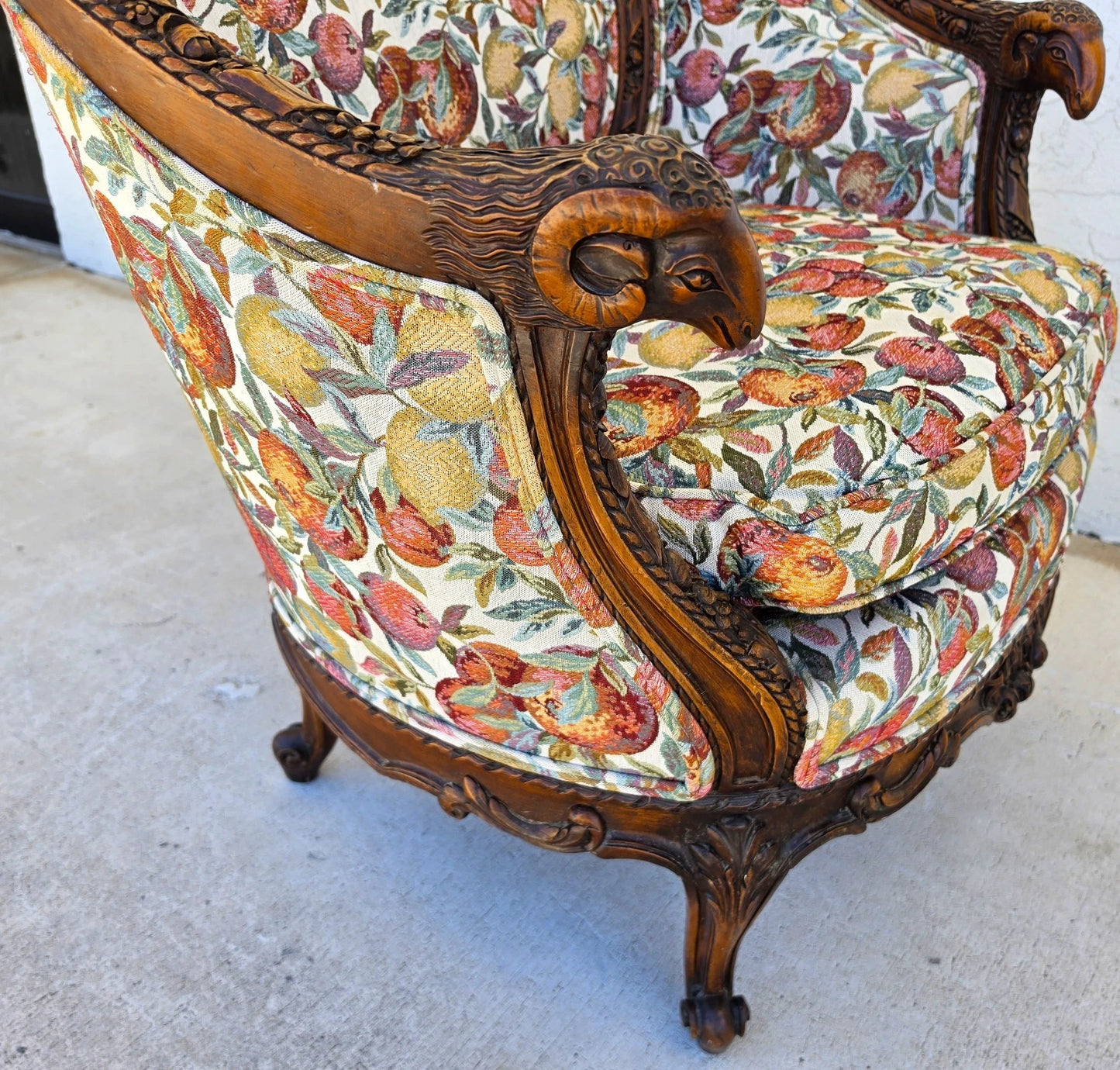 Antique French Regency Rams Heads Walnut Club Lounge Chair