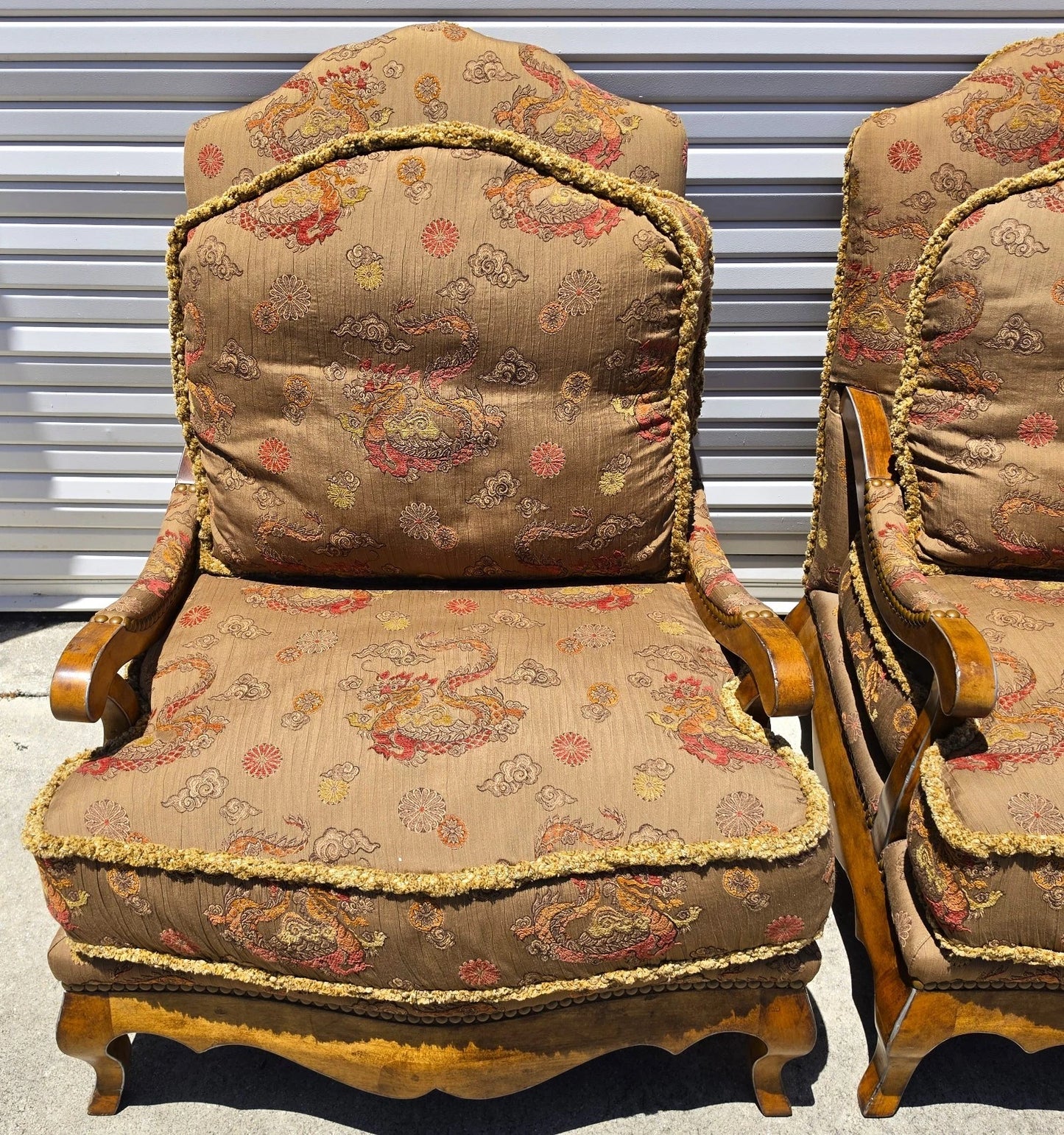 Classics French Louis XV Bergère Armchairs Chinoiserie Fabric Down Cushions