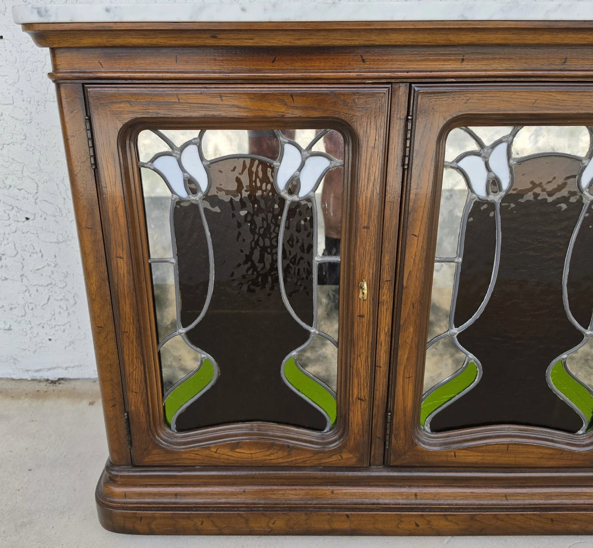 Drexel Et Cetera Art Nouveau Leaded Glass Marble Top Buffet Sideboard Dry Bar