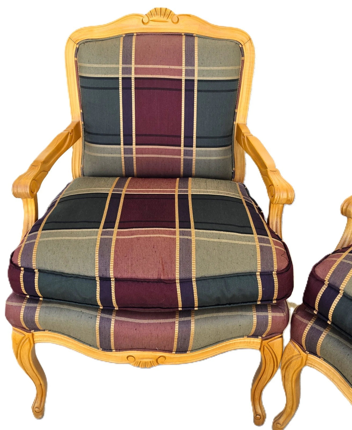 Vintage Louis XV French Provincial Armchairs Plaid Tartan Fauteuil Cabriole Legs