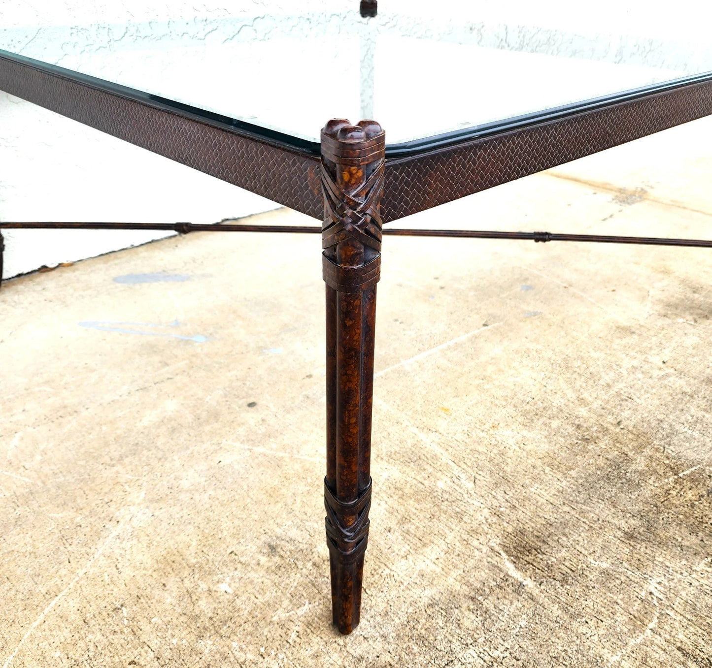 Maitland Smith Style Faux Metal Bamboo Glass & Leather Cocktail Table