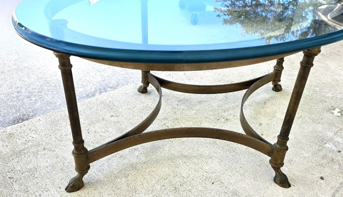 Vintage LaBarge Oval Brass Hoof Footed Glass Top Coffee Table Neoclassical