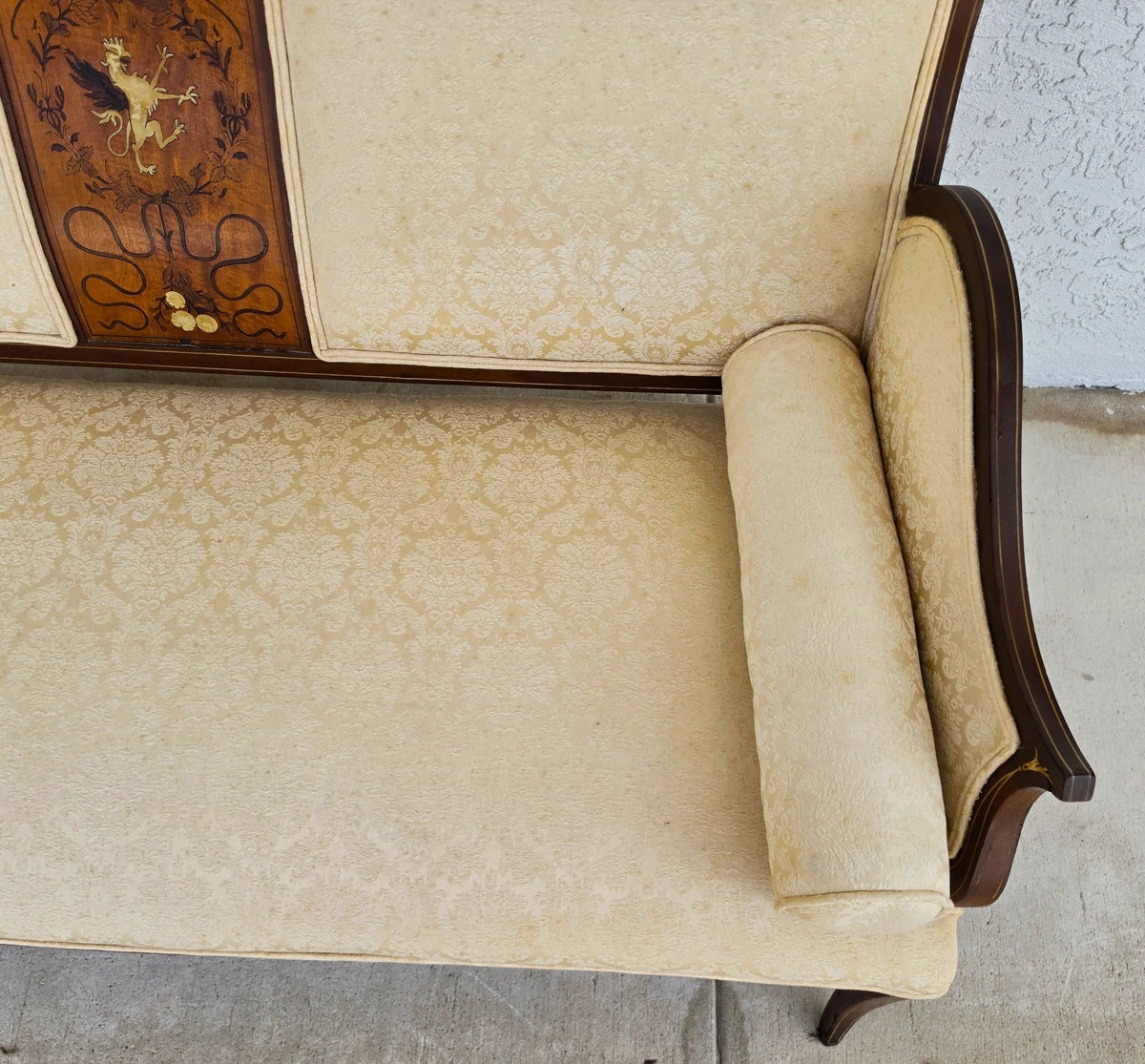 Antique Edwardian Inlaid Mythical Griffin Mahogany Double-Chair-Back Settee