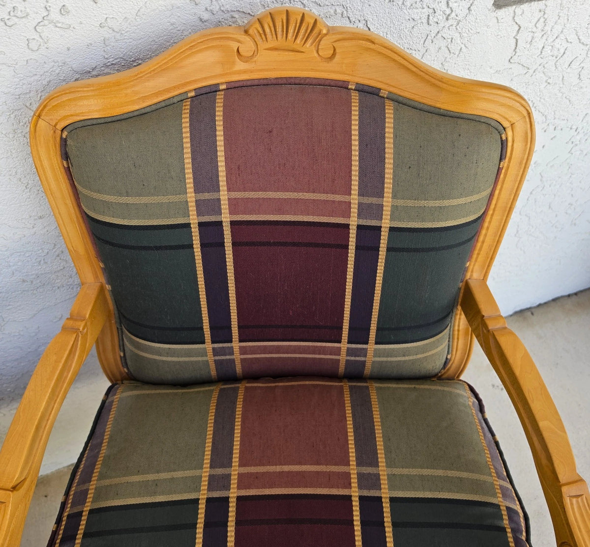 Vintage Louis XV French Provincial Armchairs Plaid Tartan Fauteuil Cabriole Legs