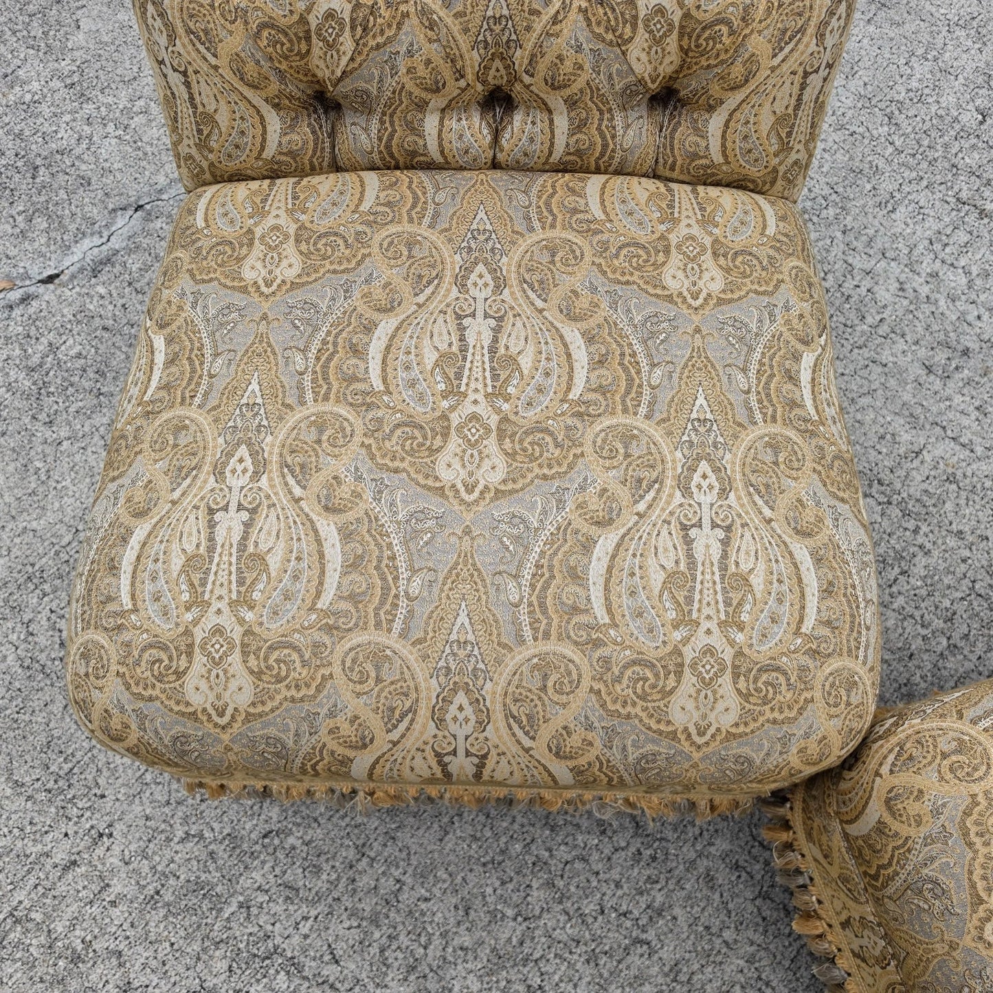 Vintage Hollywood Regency French Tufted Designer Slipper Lounge Chairs Pair