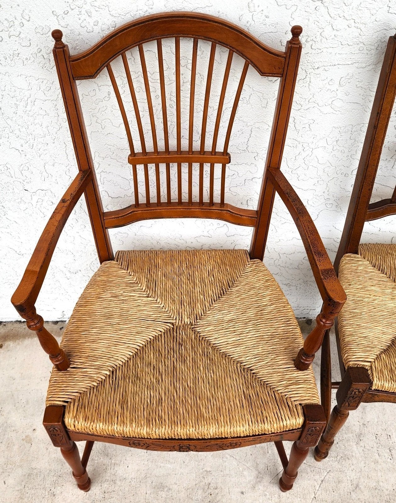 French Country Dining Chairs Rush Seats Wheat Backs with Cushions Set of 8